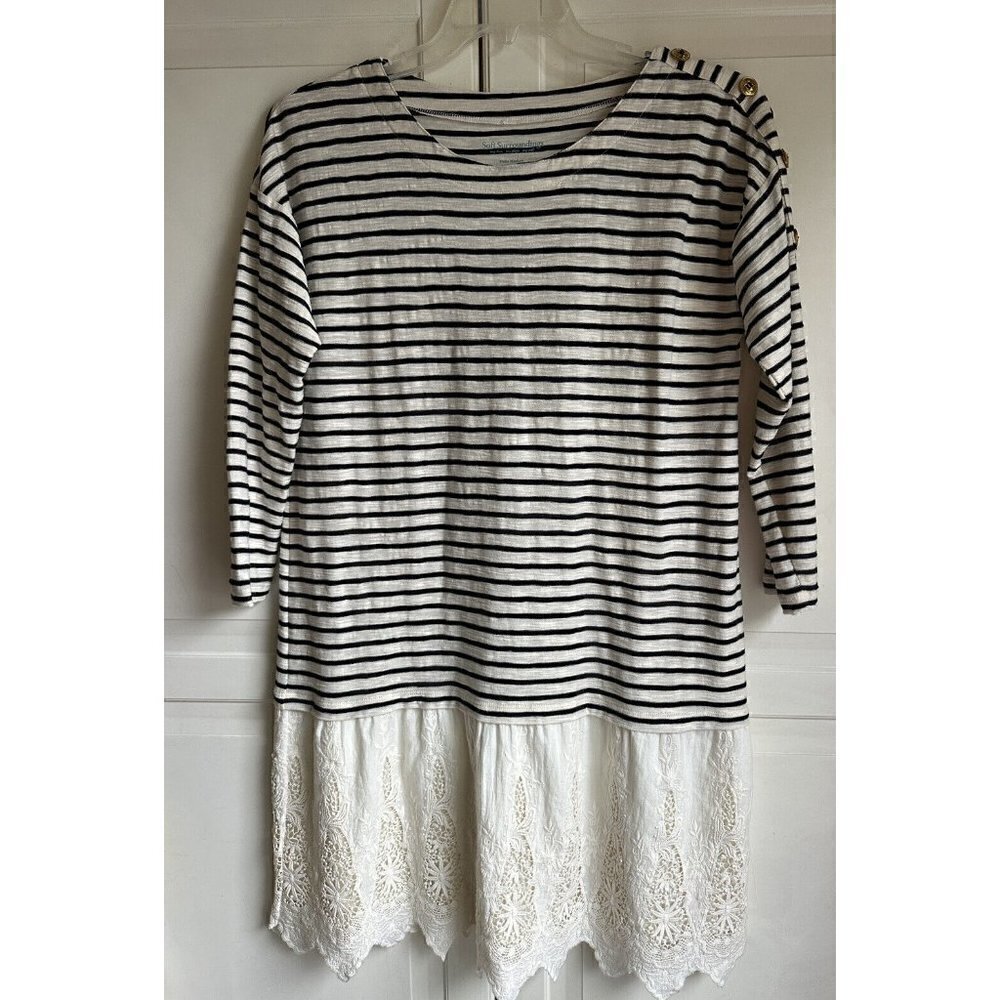 Soft Surroundings Left Bank Nautical Dress MP Eyelet Lace Stripe Scallop Hemline